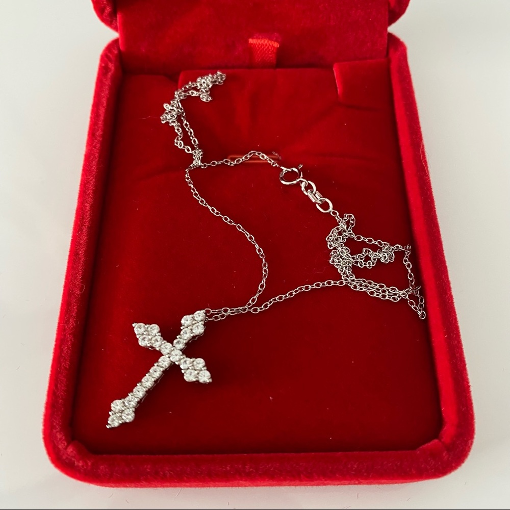14k white gold  over 925 white lab sapphires Cross necklace - Picture 5 of 16